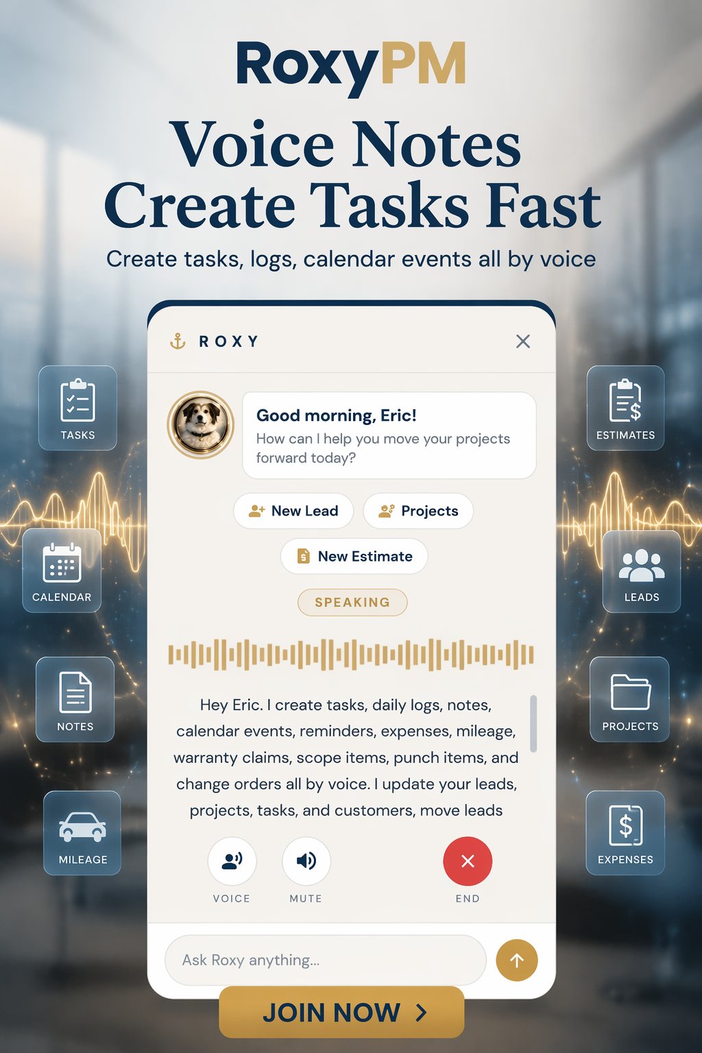 Voice notes create tasks, logs, and calendar events fast