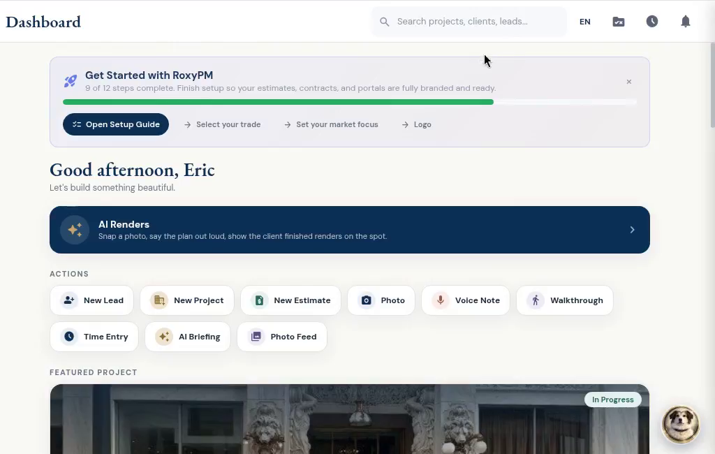 The RoxyPM desktop dashboard and site walkthrough button