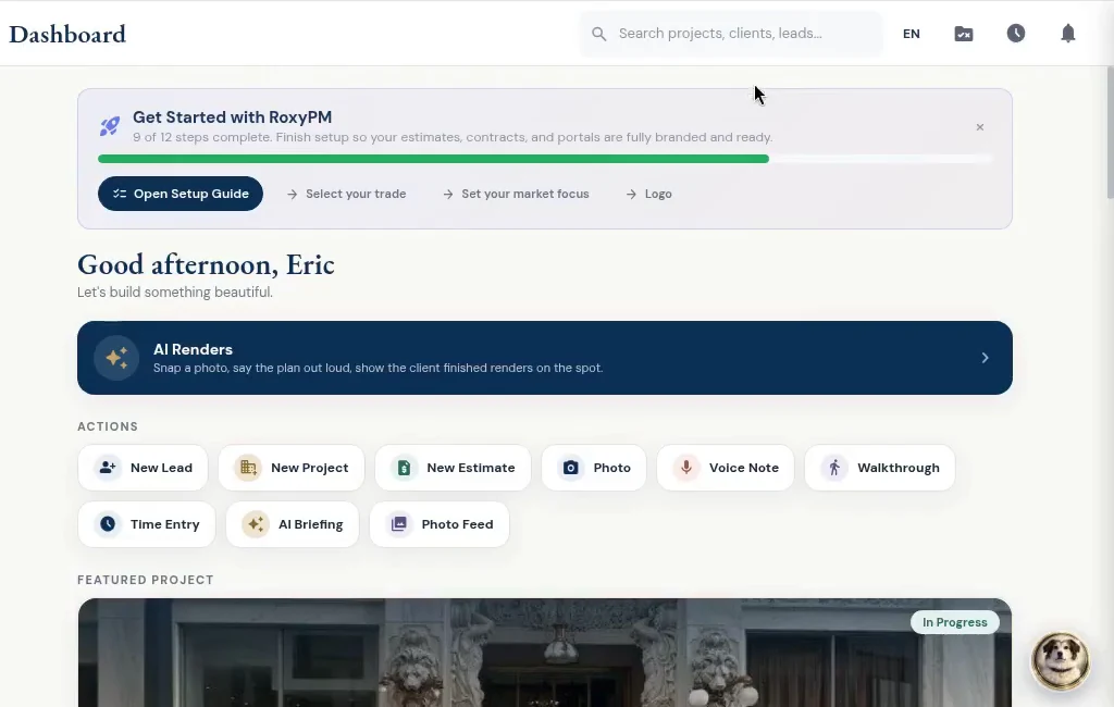 The RoxyPM desktop dashboard and site walkthrough button