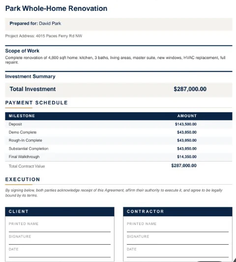 Branded estimate summary, payment schedule and signature fields