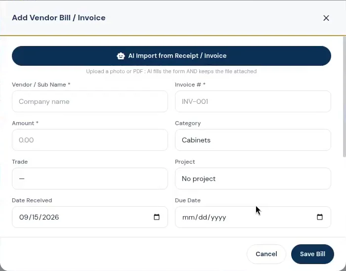Vendor bill form with AI receipt and invoice import